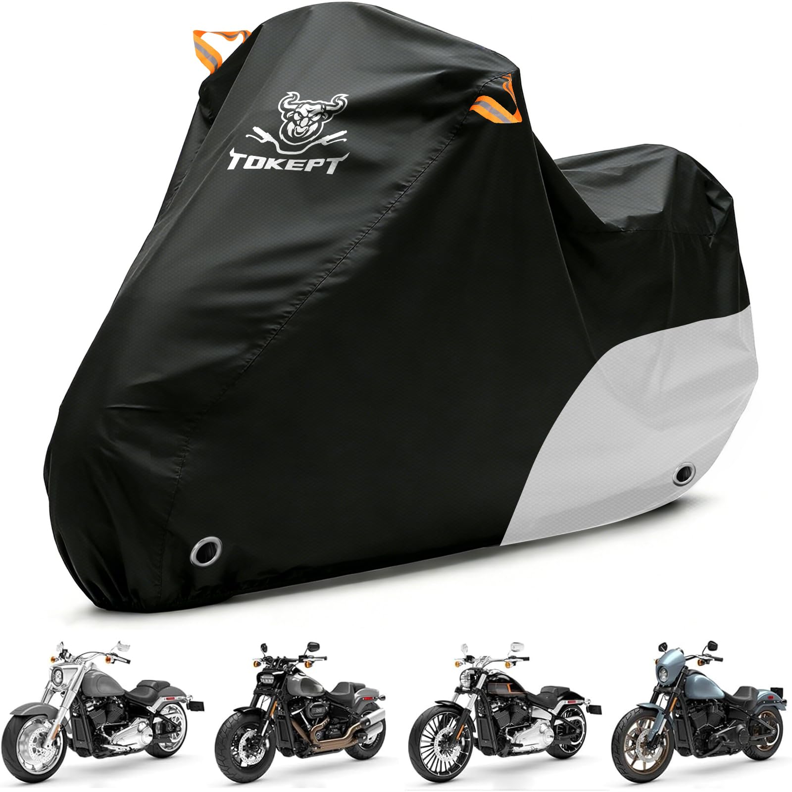 Motorcycle Cover Waterproof All Season Outdoor Protection | Fits up to 96 Inch, Compatible with Sport Bikes &amp; Cruisers with Locking Holes &amp; Reflective Strips (Black&amp;Silver)