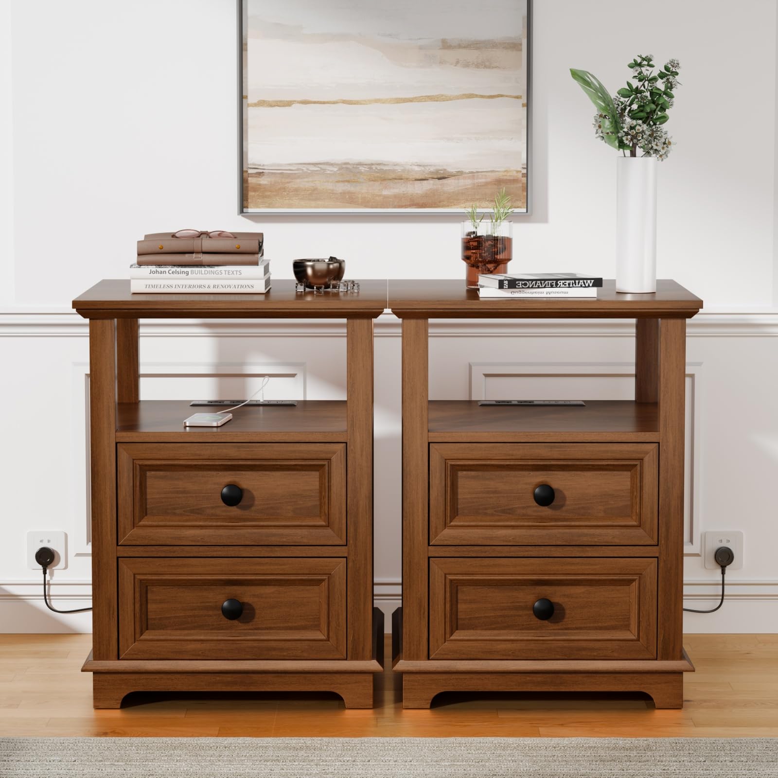 REDAYFUR End Table Set of 2, Narrow Side Table with 2 Drawers | Type-C &amp; USB Port &amp; Power outlets, Wooden Nightstand for Living Room and Bedroom