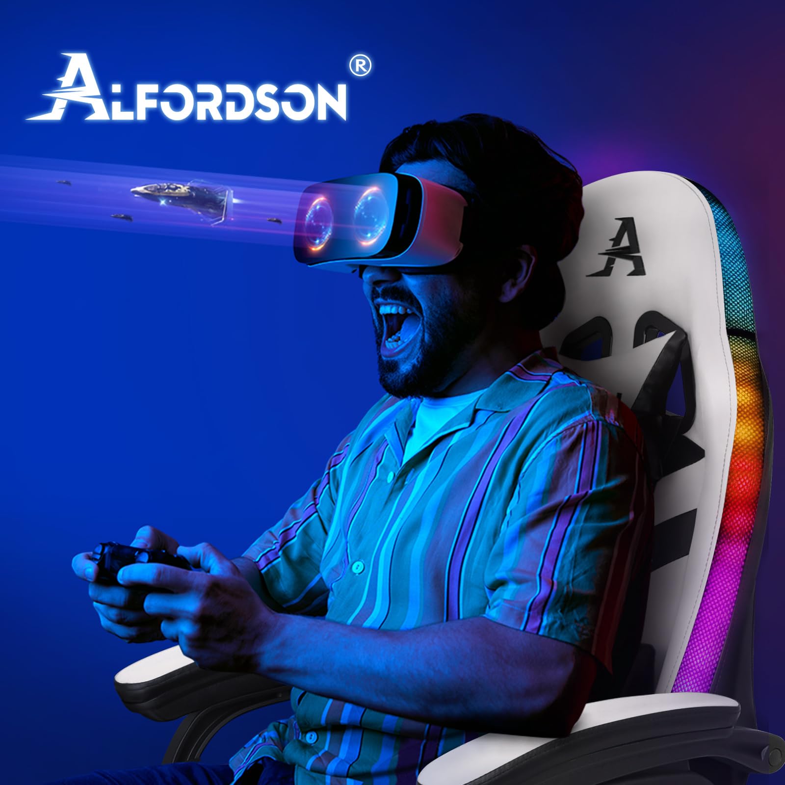 ALFORDSON LED Silla Gaming, Silla Gamer con Masaje de 8 Puntos, Silla de Ordenador Ergonómico con Iluminación RGB con Soporte Lumbar y Reposacabezas, Altura Ajustable, Blanco