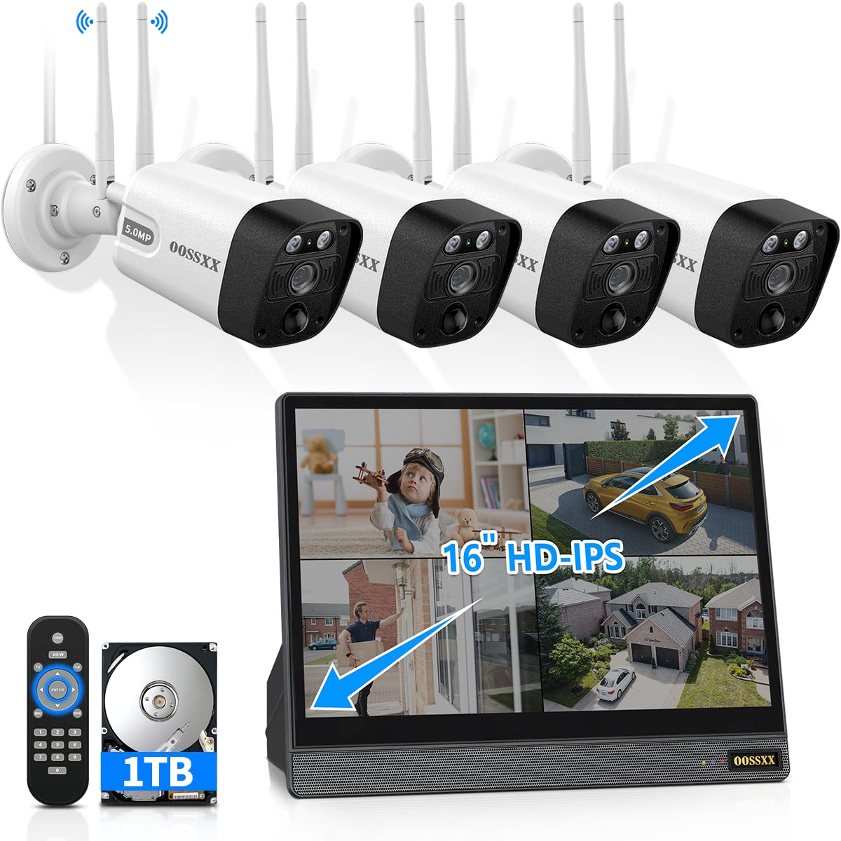 OOSSXX (16’’ IPS UHD Monitor) 2-Way Audio 2-Antennas Enchance WiFi Wireless 5MP PIR Outdoor Camera Wireless Home Security Cameras System with Monitor Indoor Video Surveillance DVR Kit