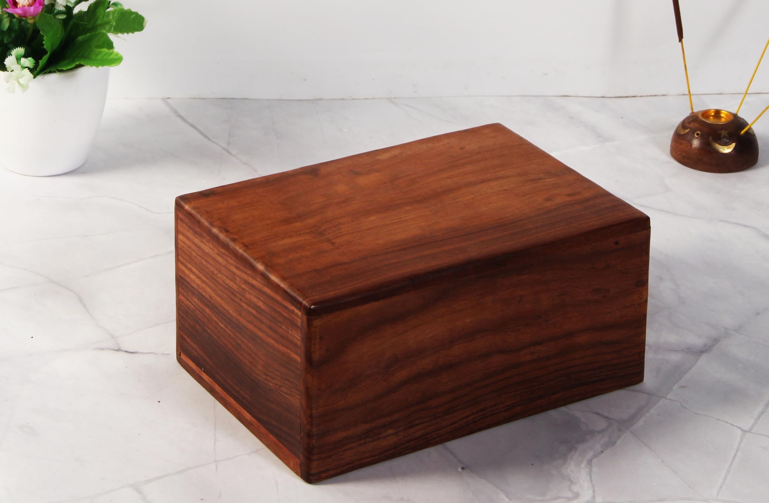 Condition photo showing New/Like New for handmade wooden urn box for human ashes, cremation funeral urns box, pet memorial urns, decorative urn, cat infant adult urn, keepsake burial ash box | 7 x 5 inch