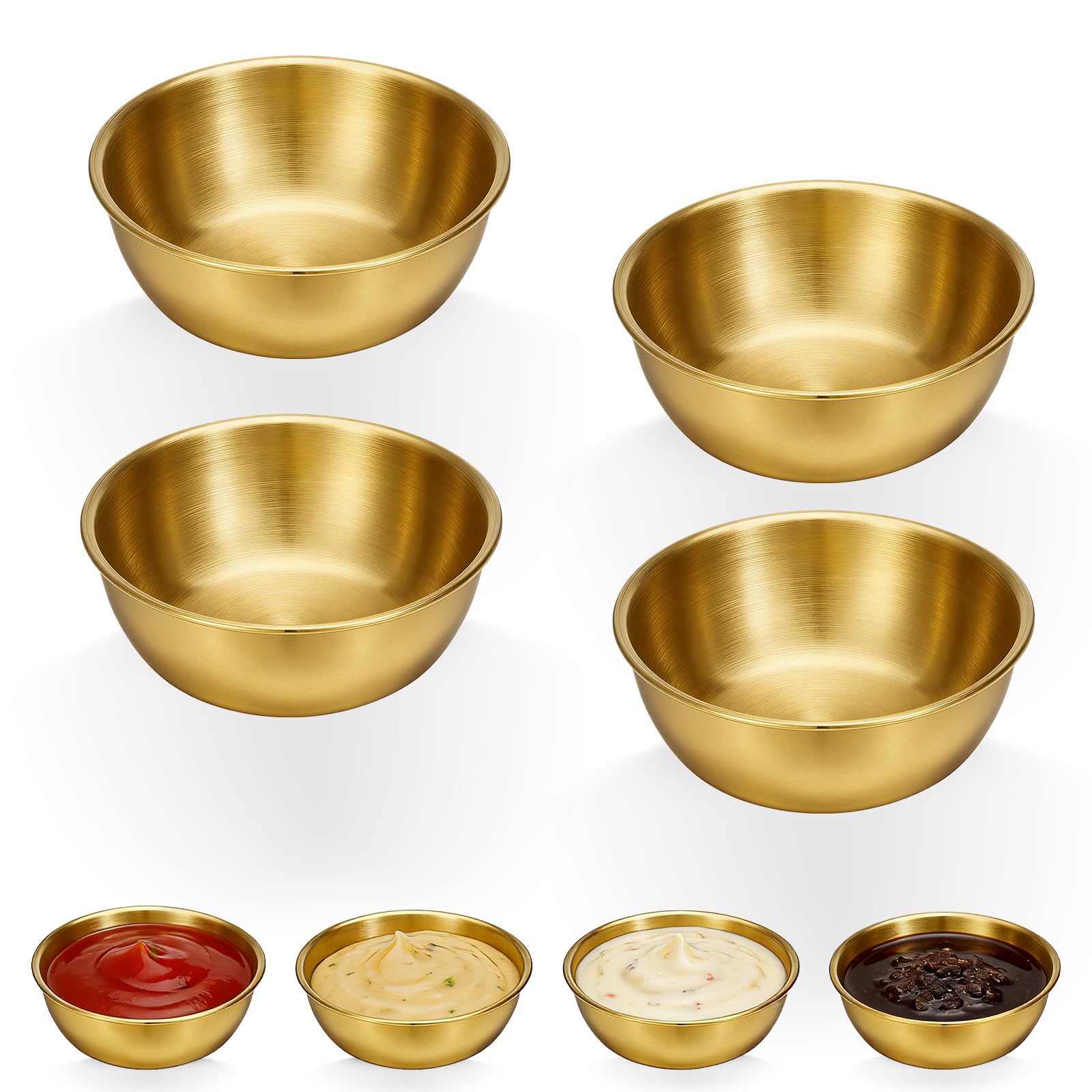 Alrhso 4 Pcs Gold Small Bowls 8.5cm Soy Sauce Dish Mixing Dip Bowl Mini Prep Bowl Metal Individual Round Seasoning Bowls Reusable for Appetizer Nibbles