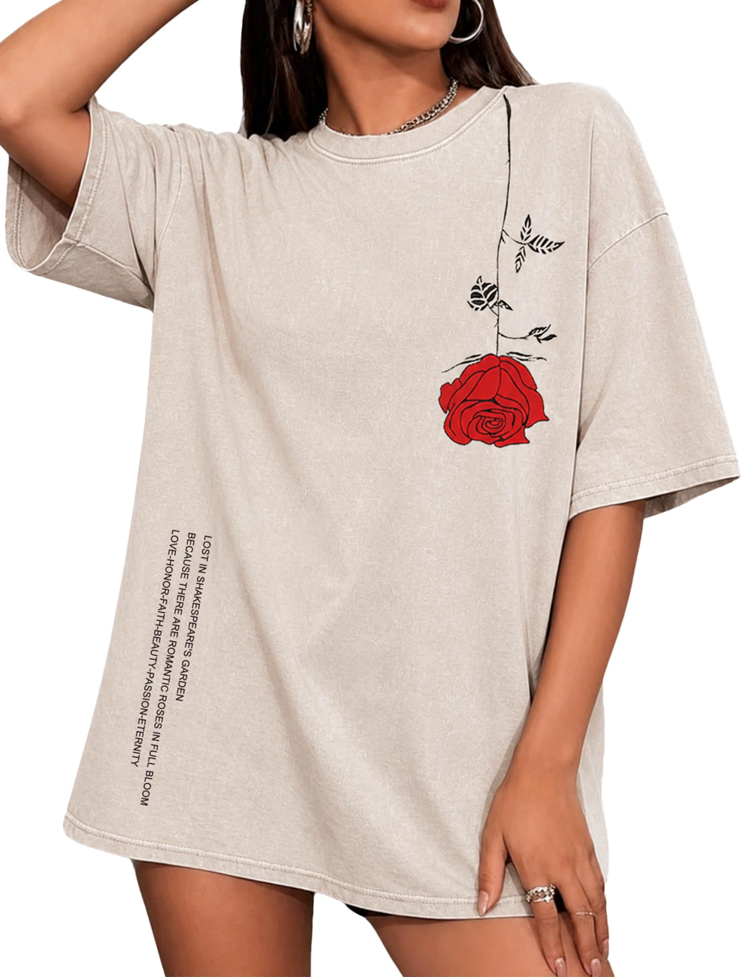 UOUA Women's Oversized Graphic Short Sleeve Cotton Summer T-Shirt | Ribbed Crewneck Tees,…