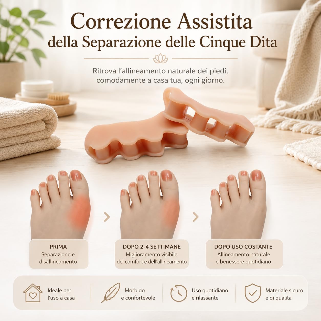 Distanfix Alluce Valgo Correttore Dita Piedi con Design a Cinque Fori Morbido Silicone per Comfort Camminata Yoga e Riposo (Bianco)