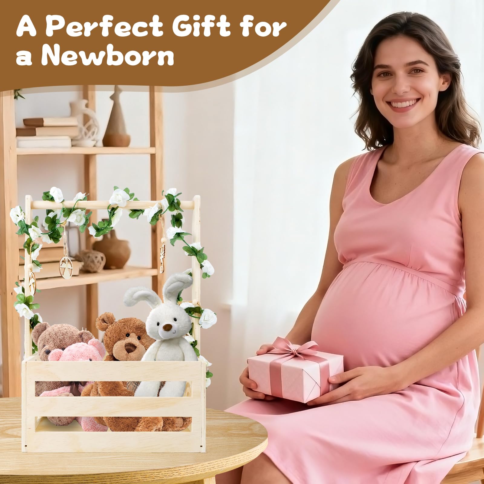 Cesta de Madera para Bebé con Asa, Regalo para Baby Shower Recién Nacido Niño Niña, Práctico Armario para Bebé, Cesta Personalizada con Perchas, Hojas Decorativas y Colgantes de Madera — view 6