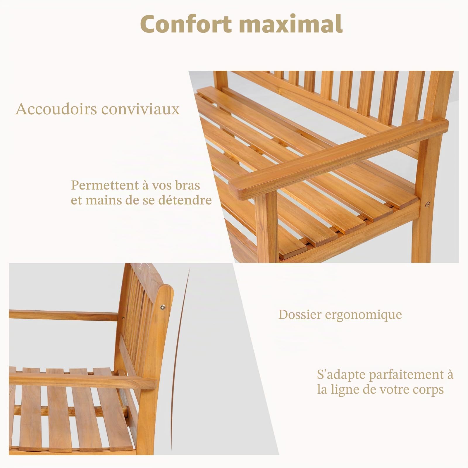 KOMFOTTEU Banc de Jardin 2 Places, Banquette de Parc en Bois d'Acacia, Banc de Parc, Chaise de Parc avec Dossier, Charge de 360 kg, pour Balcon, Terrasse (Grande Taille, 122 x 56,5 x 86 cm)