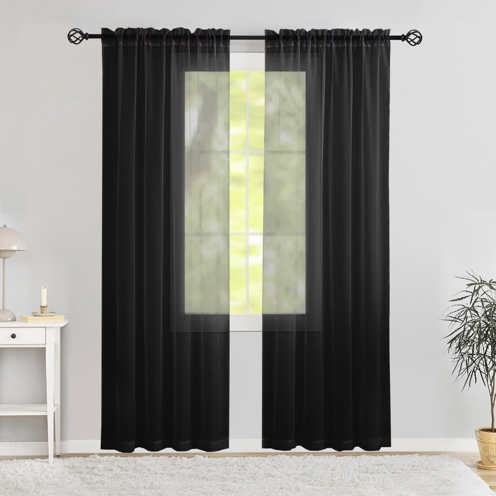 Photo 1 of Karseteli Semi Voile Sheer Curtains 96 Inches Long 2 Panels Rod Pocket Window Treatment for Living Room Bedroom Dining Room(Black 42" W x 96" L)