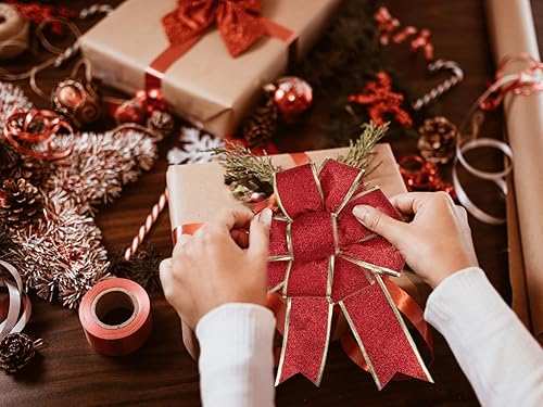 Miniatura 5 de Cinta de Navidad con alambre de borde con cable, 2 x 60 pies (2 rollos x 30 pies), cinta con purpurina para envolver regalos, cinta de árbol de