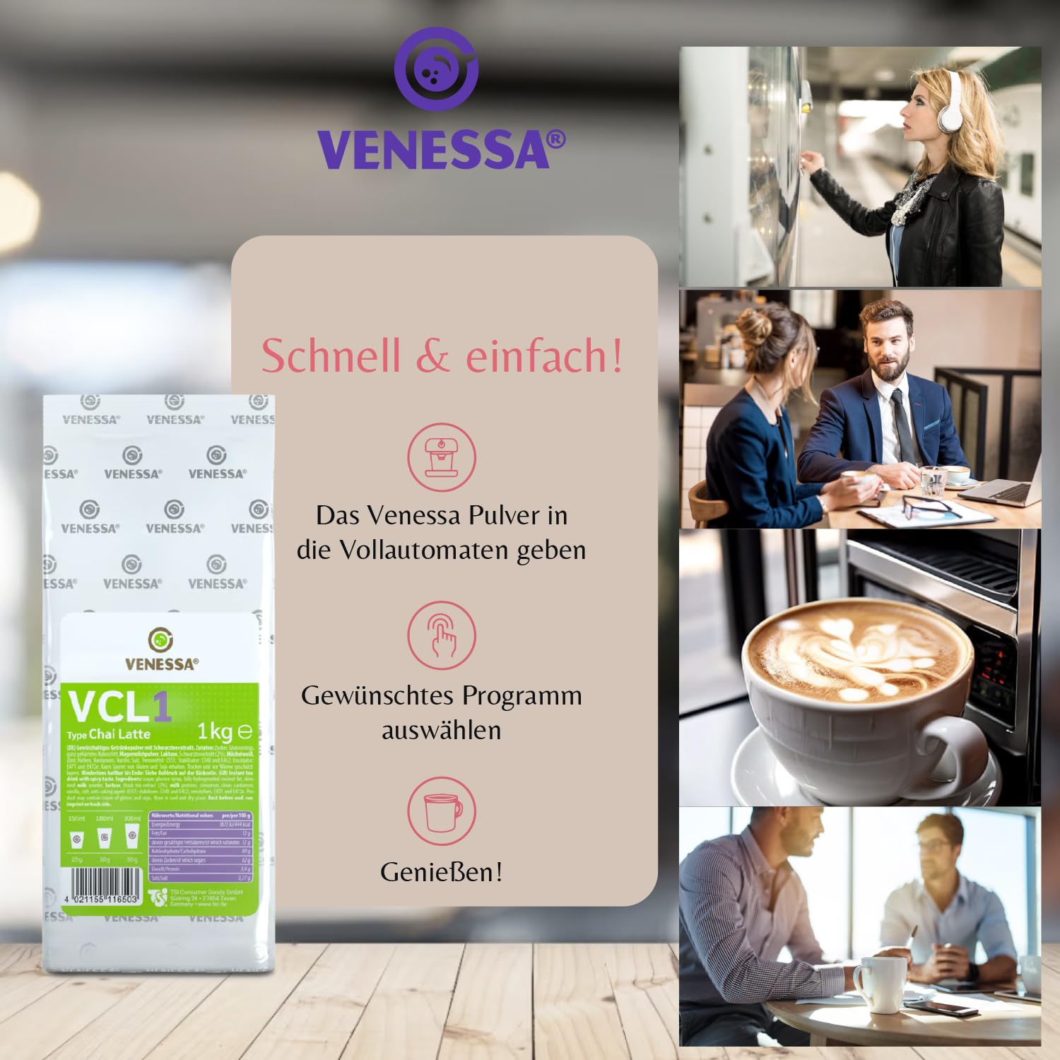 VENESSA VCL1 Chai Latte 20 x 1 kg ekonomiczne opakowanie – wysokiej jakości herbata mleczna w proszku do automatów Vending, wysoka wydajność, rozpuszczalna, w woreczku chroniącym aromat