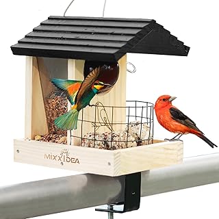 MIXXIDEA hölzerne Deck Vogelfutterspender für Geländer, Balkon Deck Vogelfutter Spender für draußen, robuste Vogelfutterspender für anziehende Wildvögel (1pack) product image