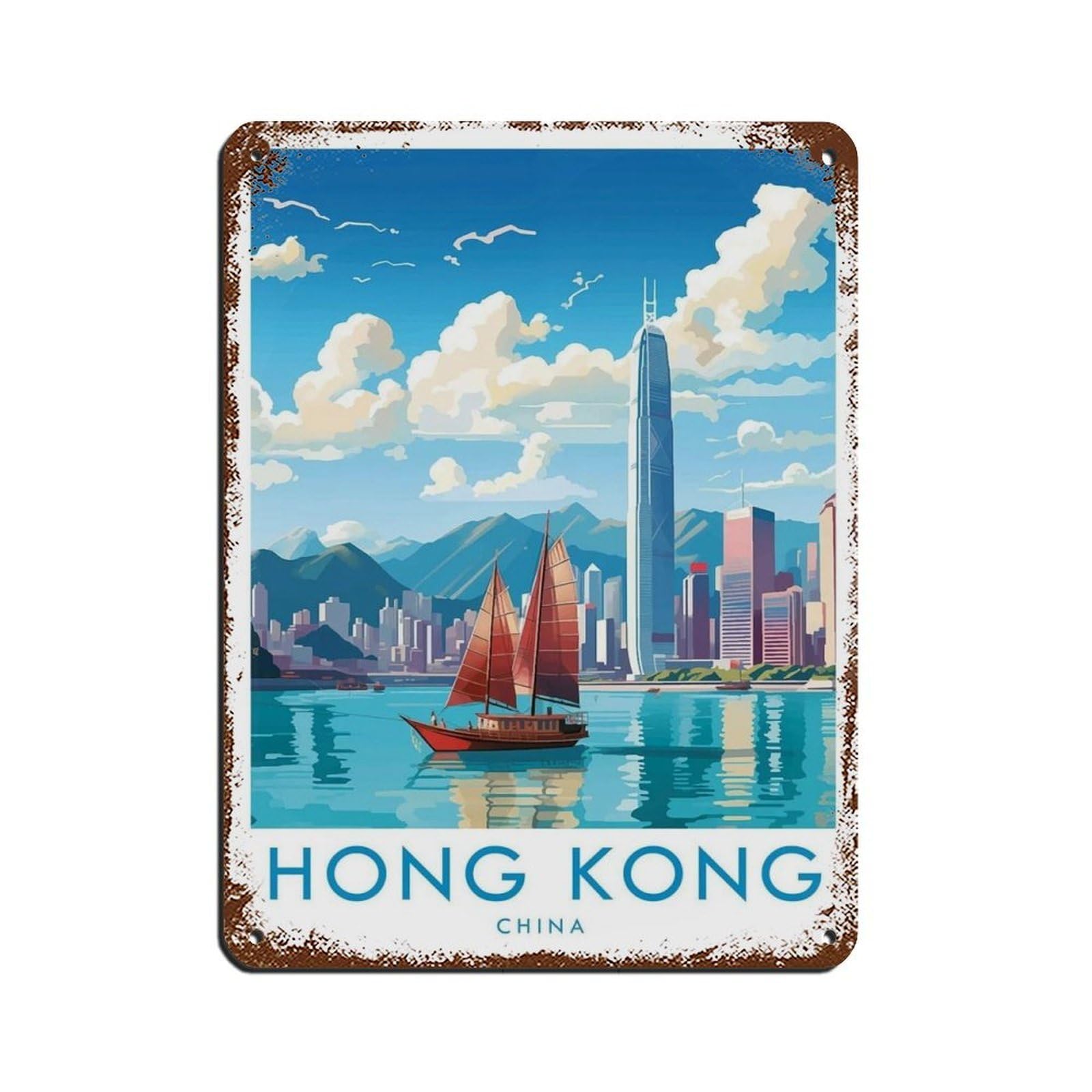 Hong Kong Travel Poster, China Retro Poster Metal Tin Sign Chic Art Retro Iron Painting Bar People Cave Cafe Family Garage Poster Wall Decoration 12x16inch(30x40cm)
