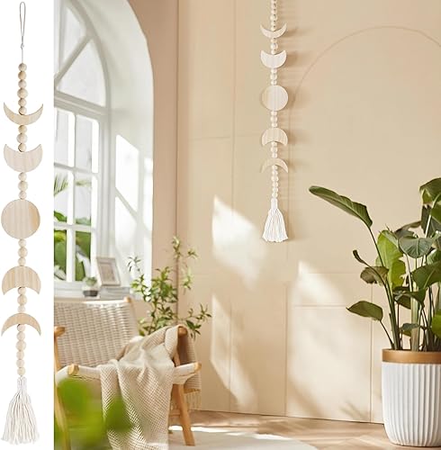 Miniatura 8 de Ausicfen Fase lunar colgante de madera con borla fases de la luna decoración bohemia para el hogar sala de estar dormitorio oficina beige