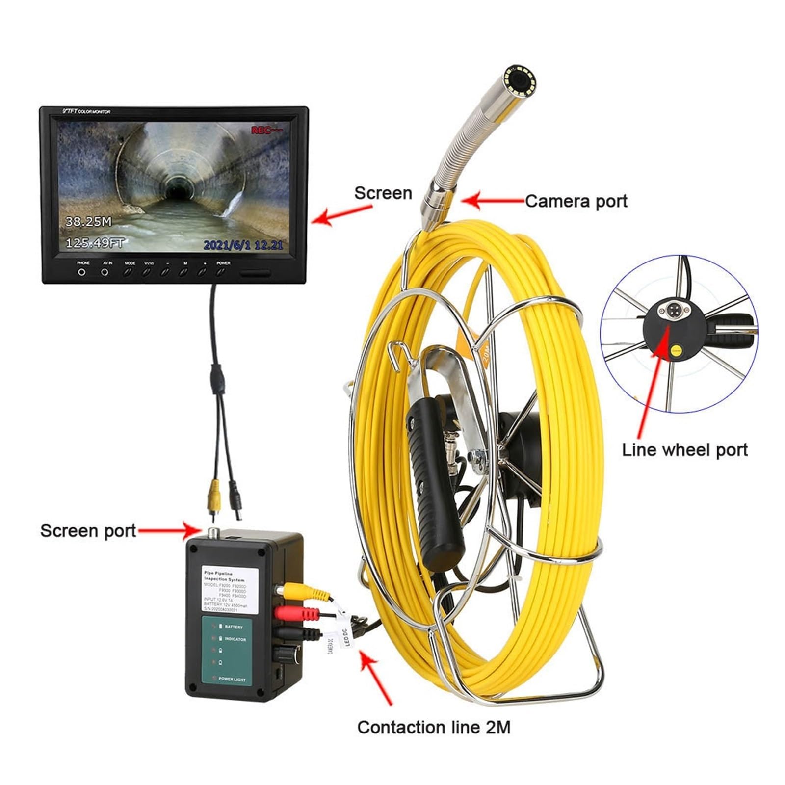 Endoscopio Cámara de vídeo inspección tuberías alcantarillado DVR con Monitor 7 "con contador medidor Autonivelación automática 512HZ localizador 22MM IP68 HD(20m,DVR-Receiver)