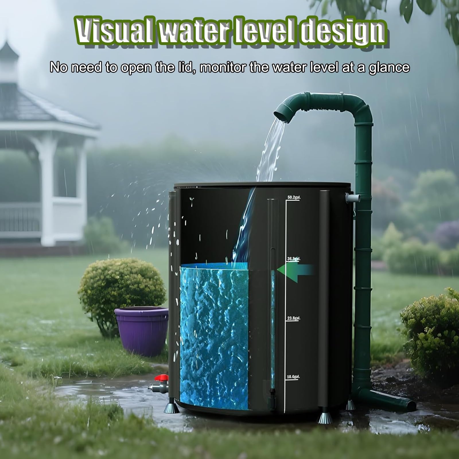 Sistema portátil de recolección de Agua de Lluvia, Tanque de Almacenamiento de 50 l con Filtro y bajante Plegable para jardín, Exterior y césped (Verde)
