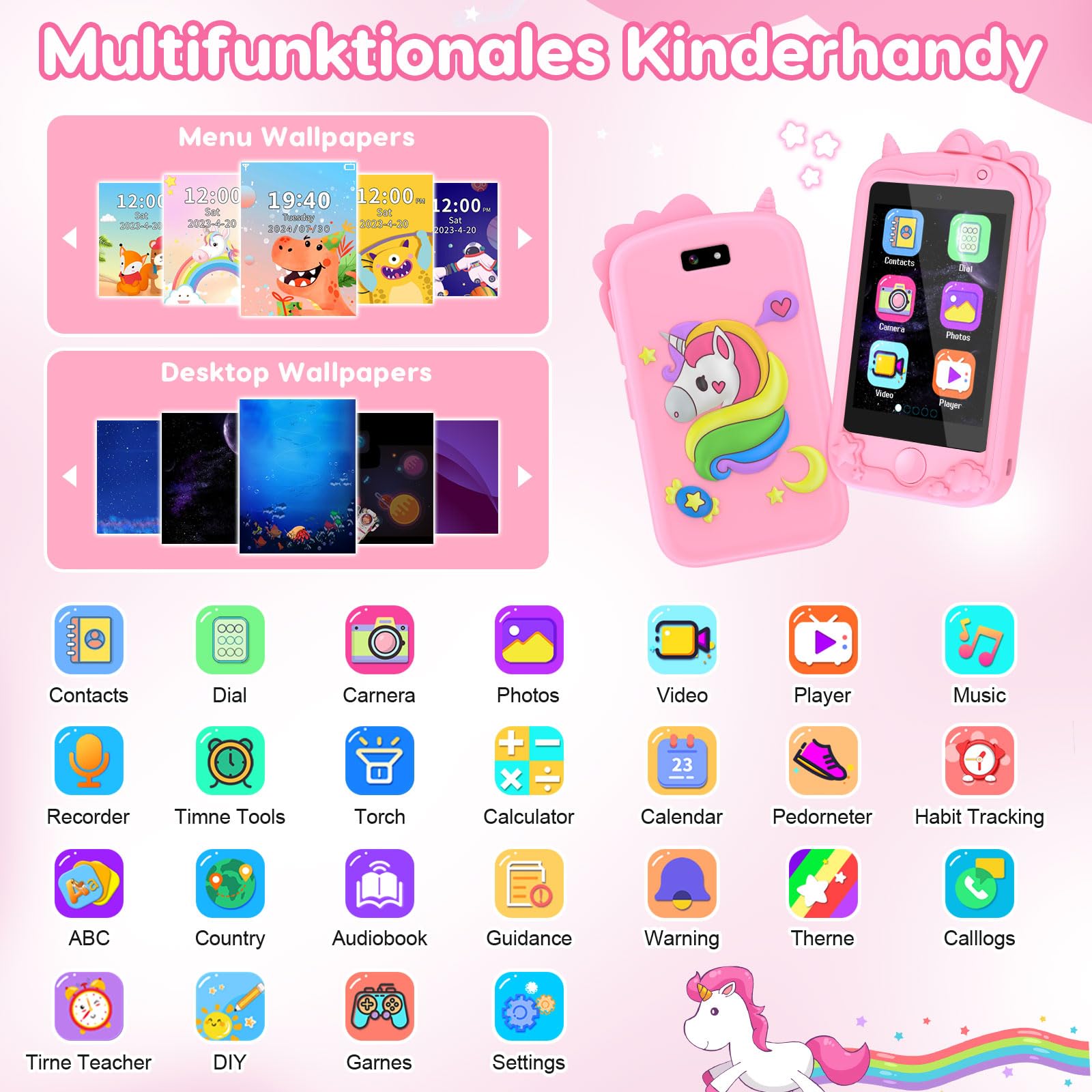 Kinder Handy, Kinder Kamera, Kinder Smartphone, Kinderhandy Spielzeug Mit Telefonkarte, Mit 28 Spiele Anruf SOS Kamera Musik Wecker. Einhorn-Geschenkspielzeug 3-9 Jahre Geschenke (Rosa)