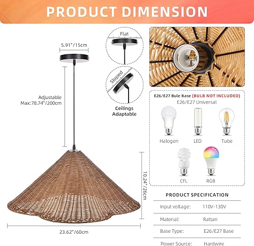 Miniatura 5 de Arturesthome Lámpara colgante de ratán bohemio de 23.6 pulgadas, estilo costero, retro, tejido, lámpara colgante para granja, sala de estar,