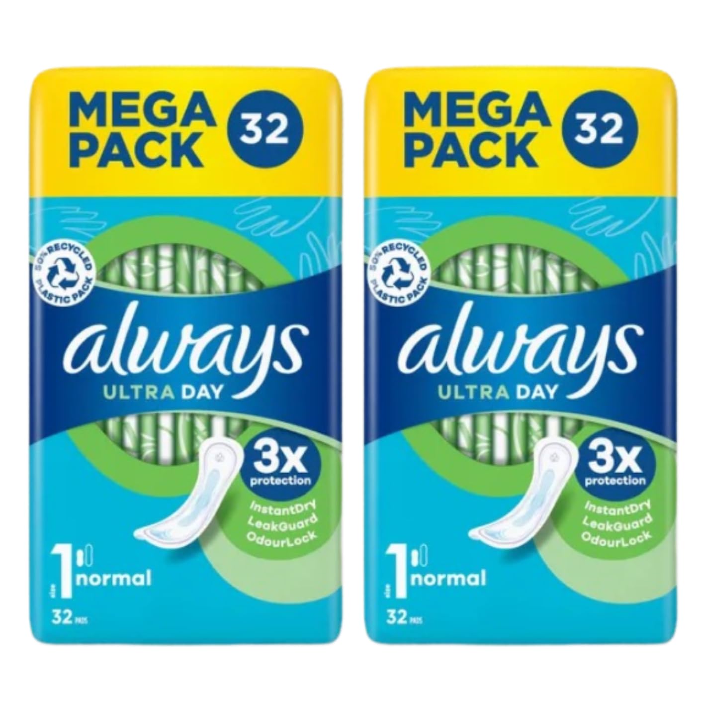 Always Ultra Day Sanitary Towels for Woman Normal Flow, Instant Dry, LeakGuard, OdourLock, Mega Pack 32 Pieces (Pack of 2)