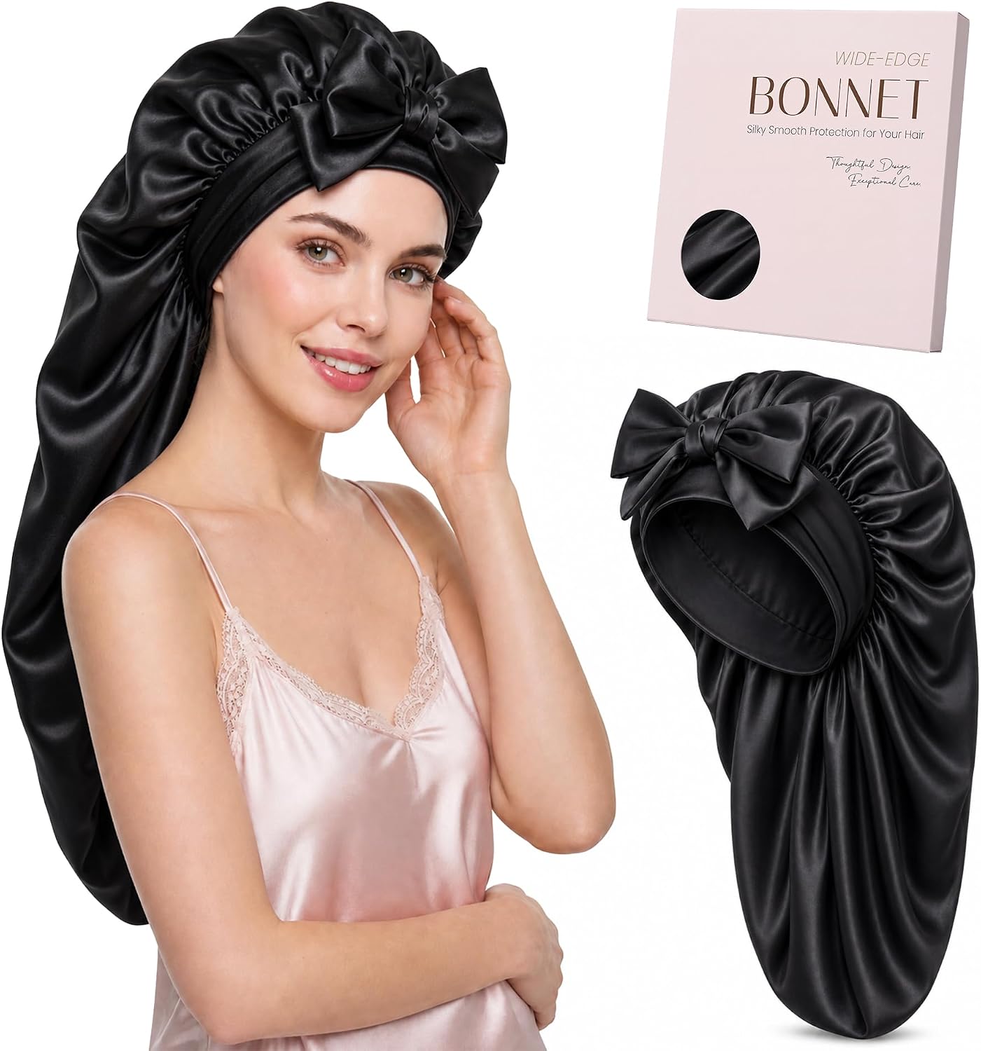Long Satin Bonnet Large Sleep Cap with Adjustable Tie Band No Tight Silk Bonnets for Braids Curly Locs Black Women