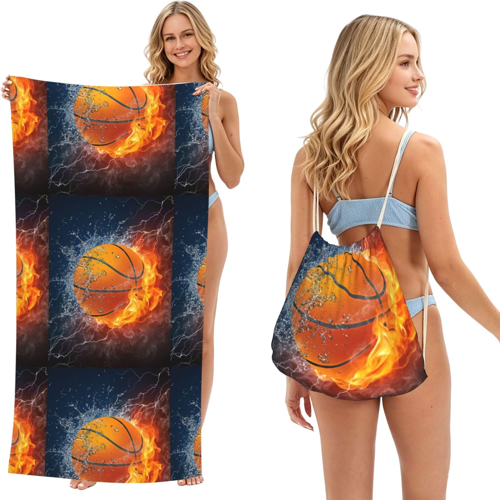 Poadnly As Picture Fire And Ice Basketball, 2 In 1 Packable Towel Bag, Beach Towels With Drawstring Backpack For Travel Holiday Camping