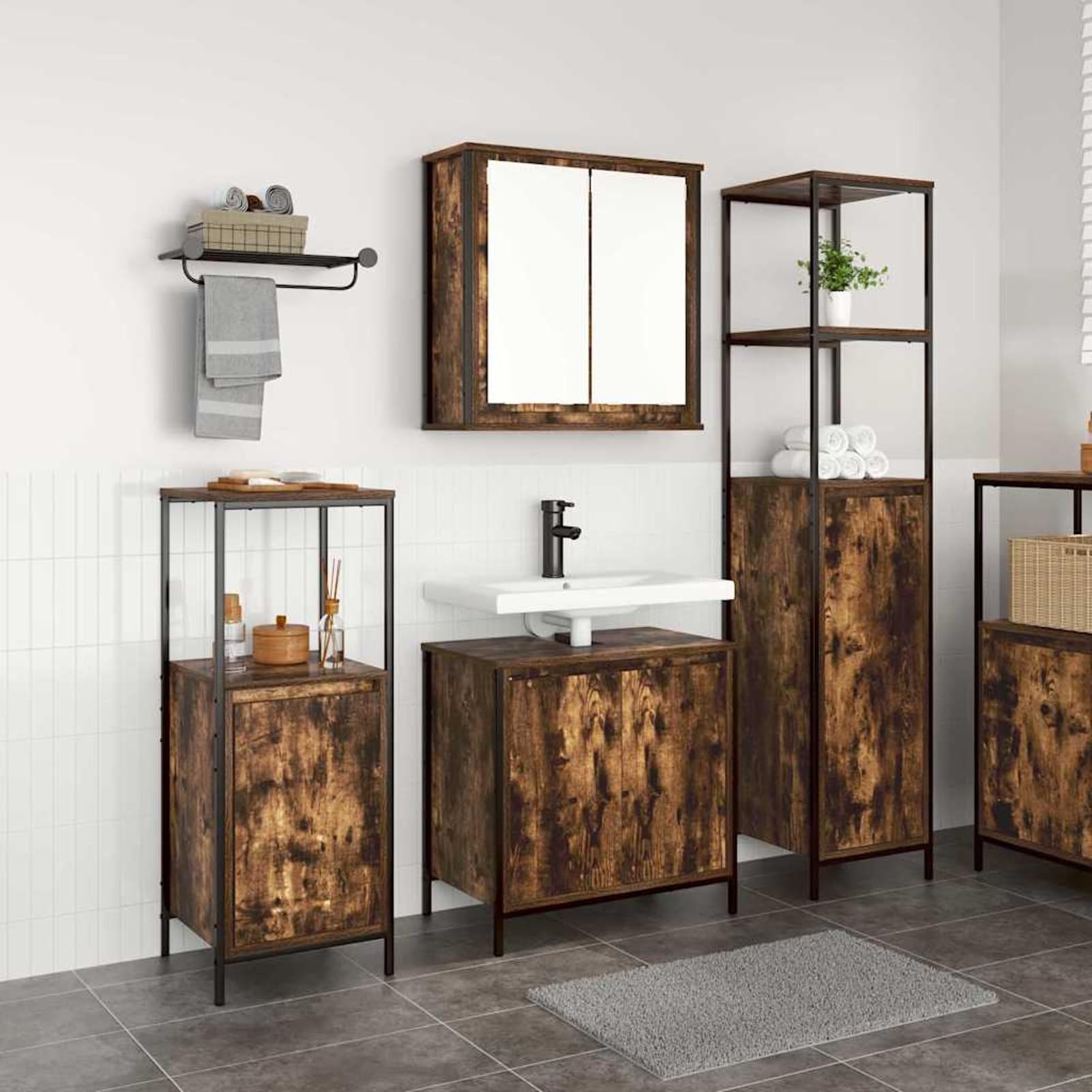 Homgoday Tocador Baño Moderno 165 cm, Armario con Espejo y Almacenamiento, Acabado Mate Roble Ahumado y Negro, Diseño Elegante y Seguro para Familias Modelo WQ1017ZJ-3328396ES