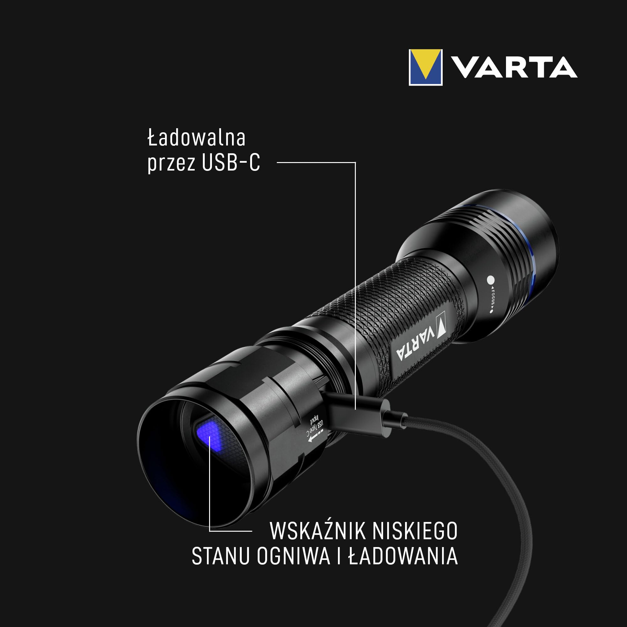 VARTA Latarka LED, Night Cutter Pro F20R tactical, 1000 lm, adowalna, IP67 wodoodporna, z regulacją ostrości, funkcja stłuczenia szkła, aluminiowa lotnicze, w tym kabura i smycz