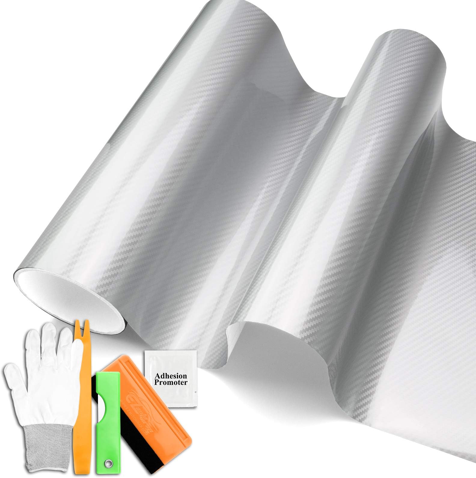 JDMBESTBOY Free Tool Kit Silver 5D Carbon Fiber High Gloss Glossy Car Vinyl Wrap Sticker Decal Film Sheet Bubble Free Air Release - 24"X60" (2FT X 5FT)
