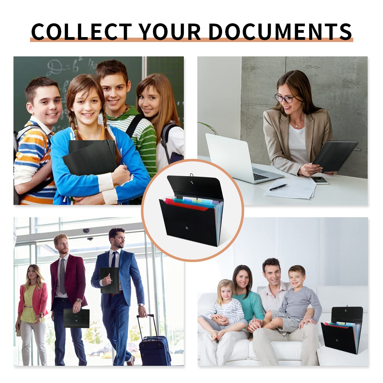 Document Organizer With 7 Pockets - Expandable A4 File Box, Portable With Elastic Band & Tabs, Black