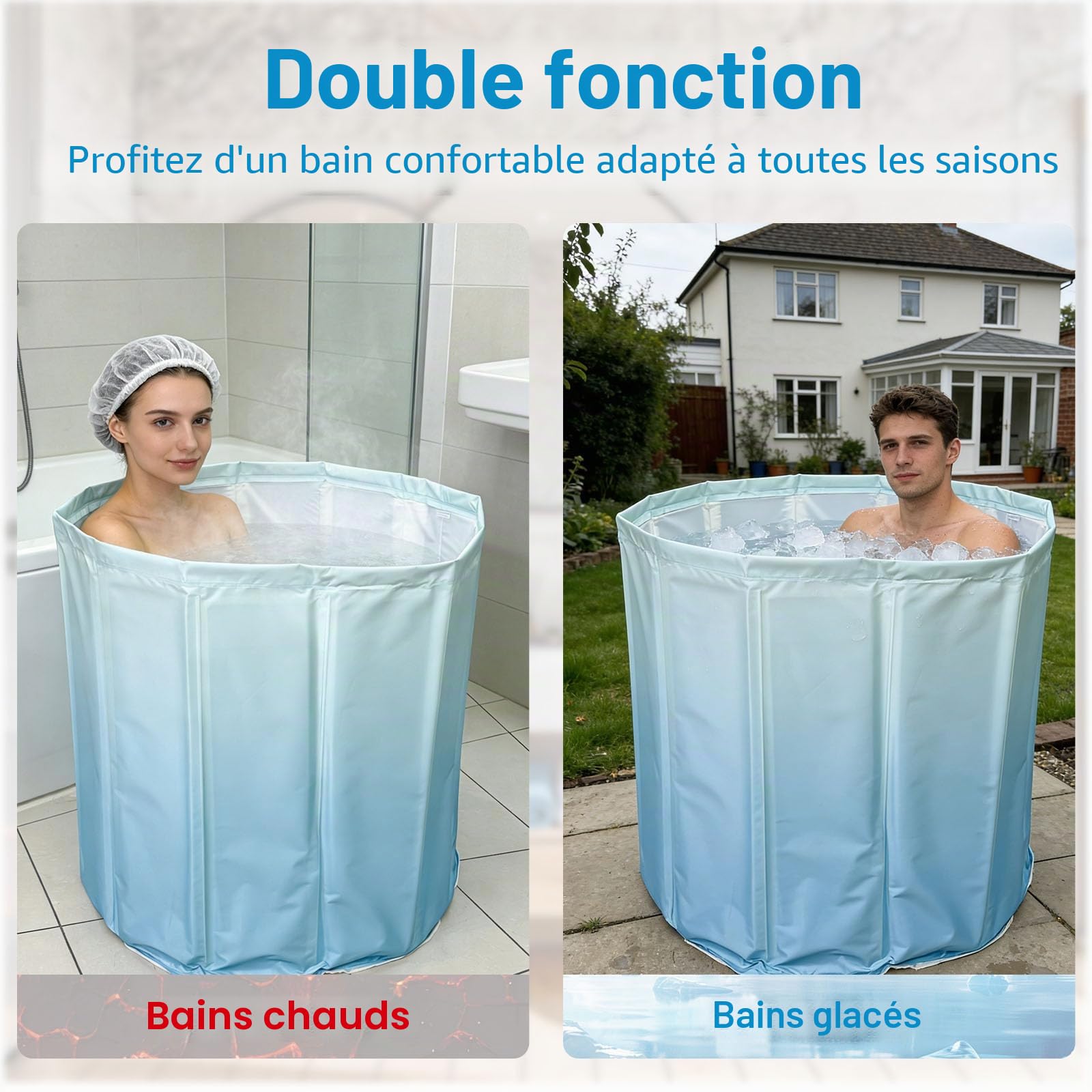 Baignoire Pliante 70×65 cm pour Adulte – Bain Portable Profond pour Eau Chaude et Froide, Tuyau de Vidange et Coussin de Siège, Baignoire Pliable Gain de Place pour Petit Espace