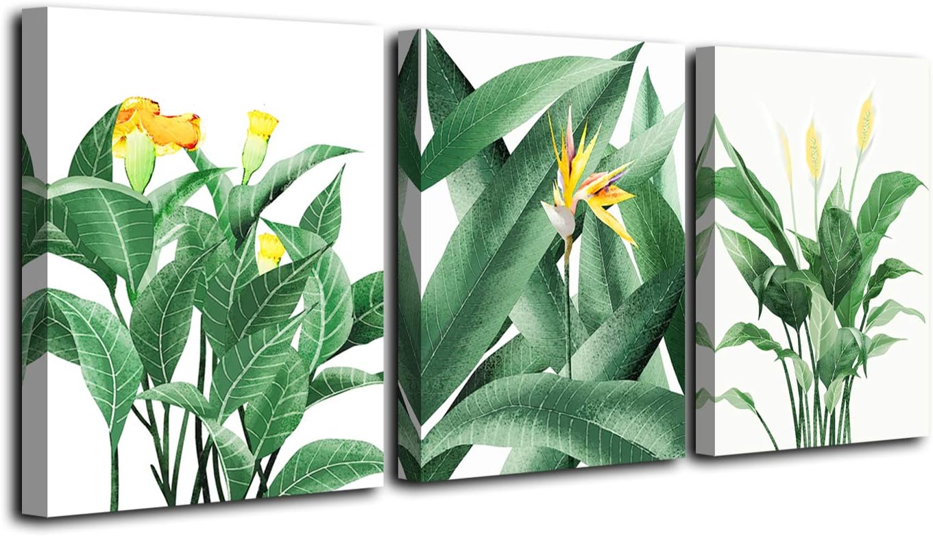 Vivipop Art Wall Art Flowers Pictures Canvas Wall Art Paintings Artworks for Living Room,with Frame and Ready to Hang (Green Leaf Flowers, 12 X 16inch x 3P(30x40cm x 3P))