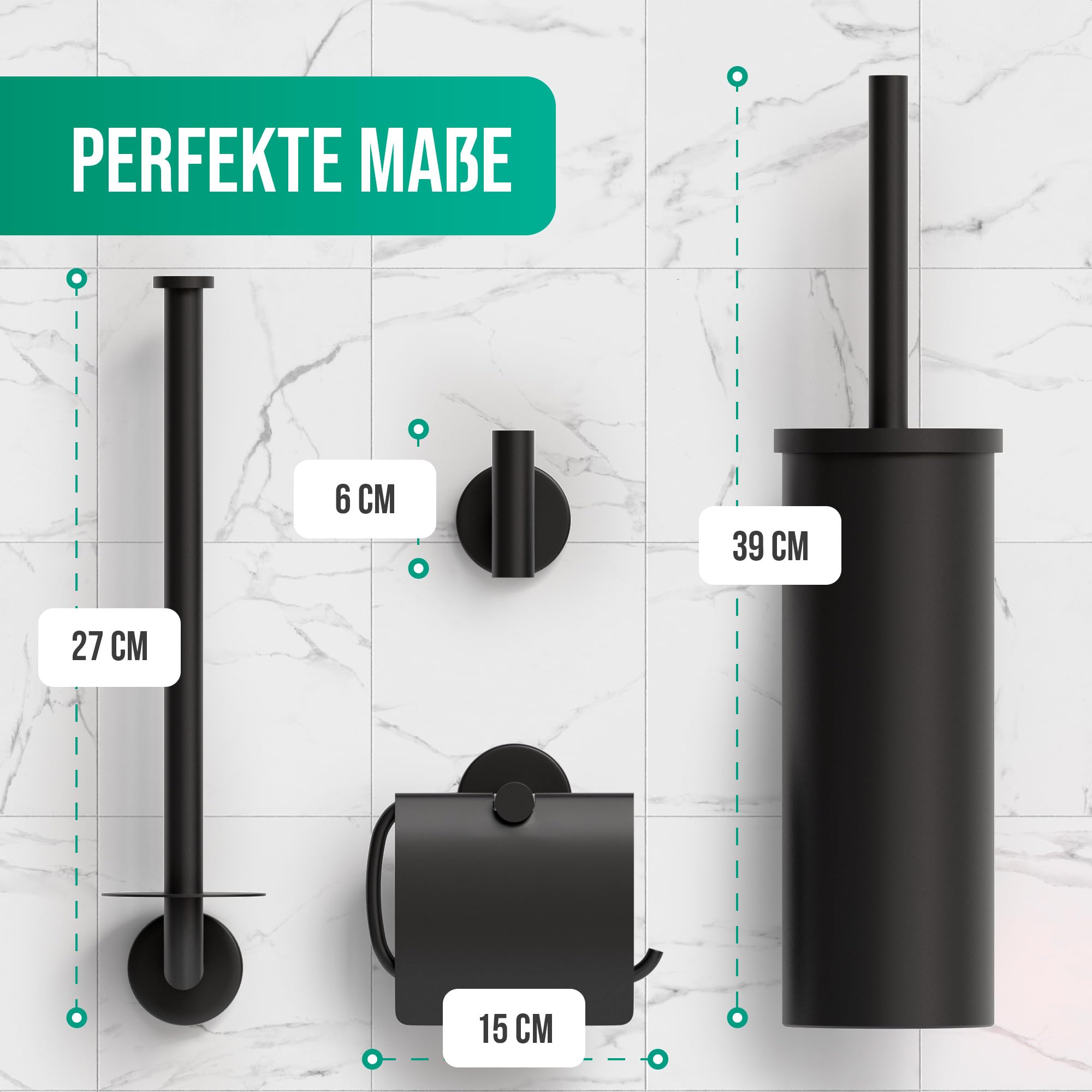 Avalo Toilettenzubehör Set Schwarz 4-teilig - Luxus-Toilettengarnitur - Toilettenbürste mit Halter/Toilettenpapierhalter/Ersatzpapierhalter/Handtuchhaken - inkl. Befestigungsmaterial
