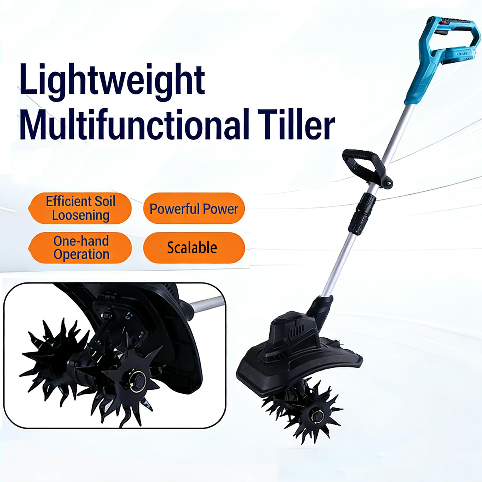 Motocoltivatore Elettrico da Giardino, Lunghezza Regolabile, Profondità di Lavorazione 16 cm, Larghezza di Lavorazione 23 cm