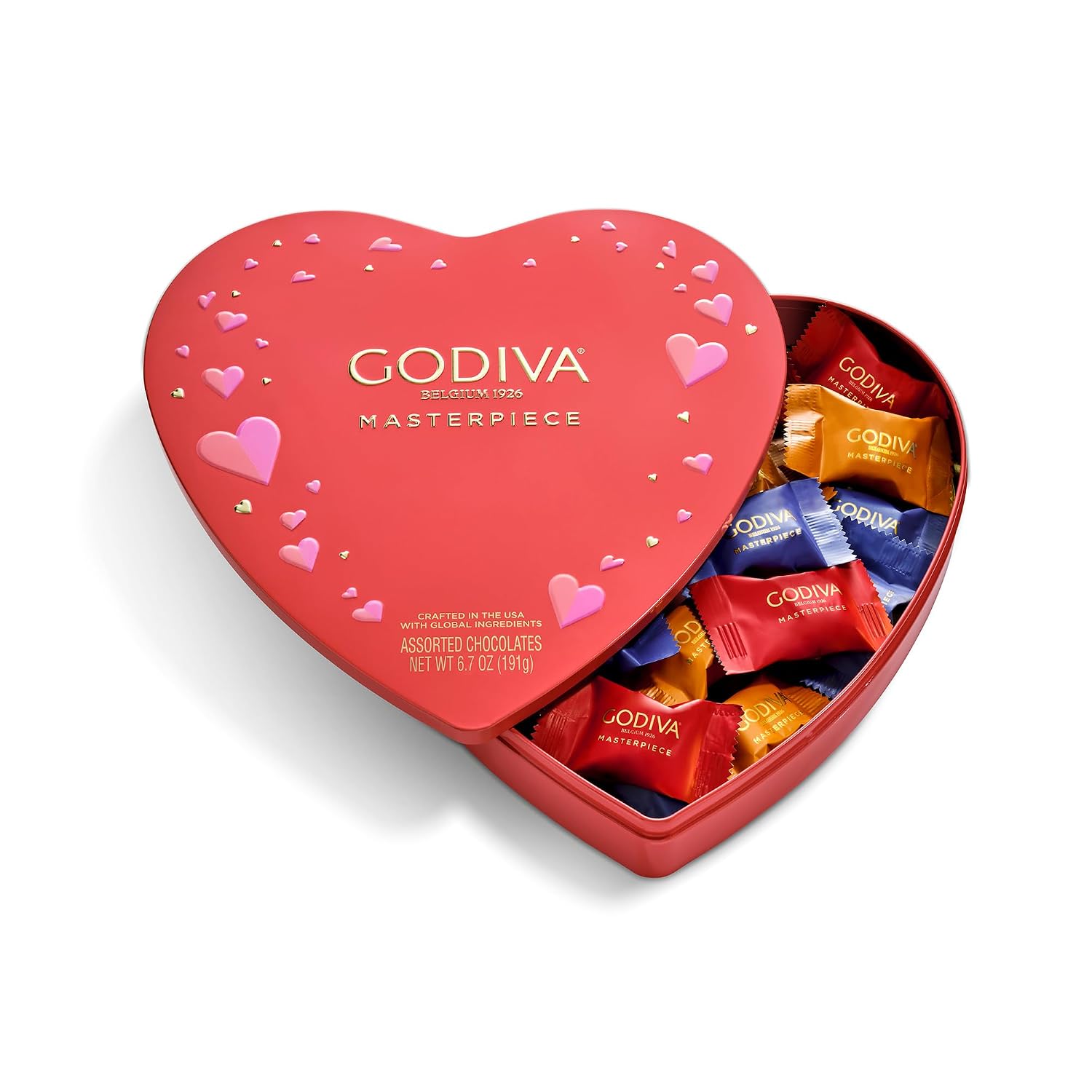 Godiva Masterpiece Heart Chocolate Gift Tin, Assorted Milk & Dark Chocolate with Ganache, Keepsake Gift for Birthday, Holidays, 7pc