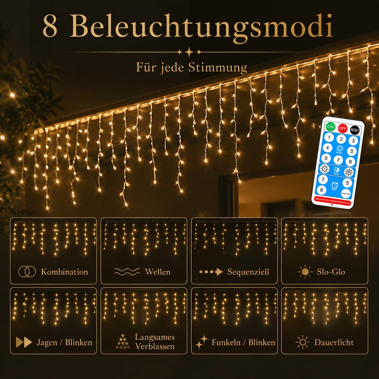 1 catena luminosa a energia solare per esterni, 5 m, 256 LED, IP44, impermeabile, con telecomando, 8 modalità, timer, per esterni, giardino, balcone, terrazza, luce bianca calda