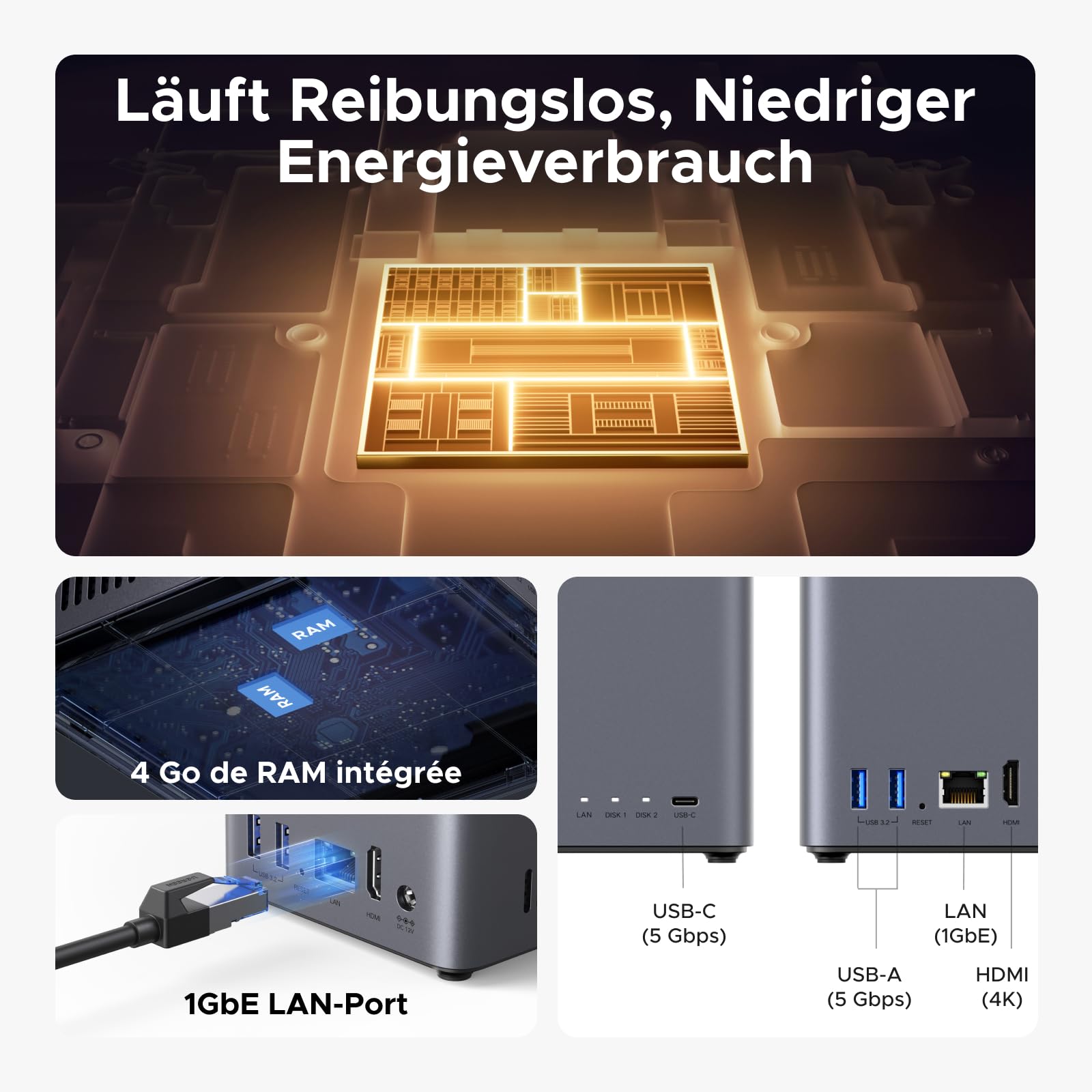 UGREEN NASync DH2300 NAS Bureau 2 Baies 4Go RAM NFC One-Touch LAN 1GbE Album Photo IA