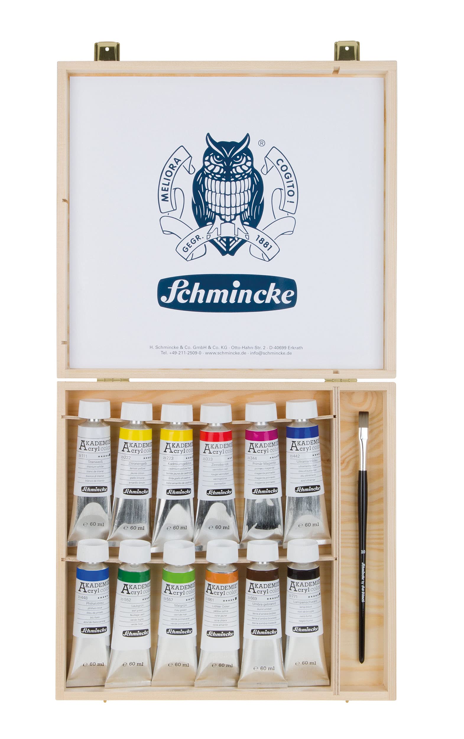Schmincke - AKADEMIE® Acrílicos, 12 tubos de 60 ml, 76 014 097, 12 tonos brillantes y muy resistentes a la luz en caja de madera, 1 pincel da Vinci, acrílicos finos para artistas, sin cadmio