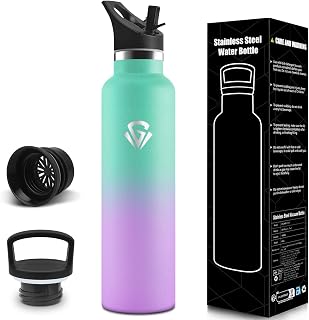 Trinkflasche, 1000 ml BPA-Frei, Trinkflasche Edelstahl, Isolierflasche Mit Strohhalm und 2 Deckeln, Wasserflasche, 304 Edelstahl, Flasche Mit Strohhalm für Fitnessstudio, Büro - Seegrün&Hellviolett