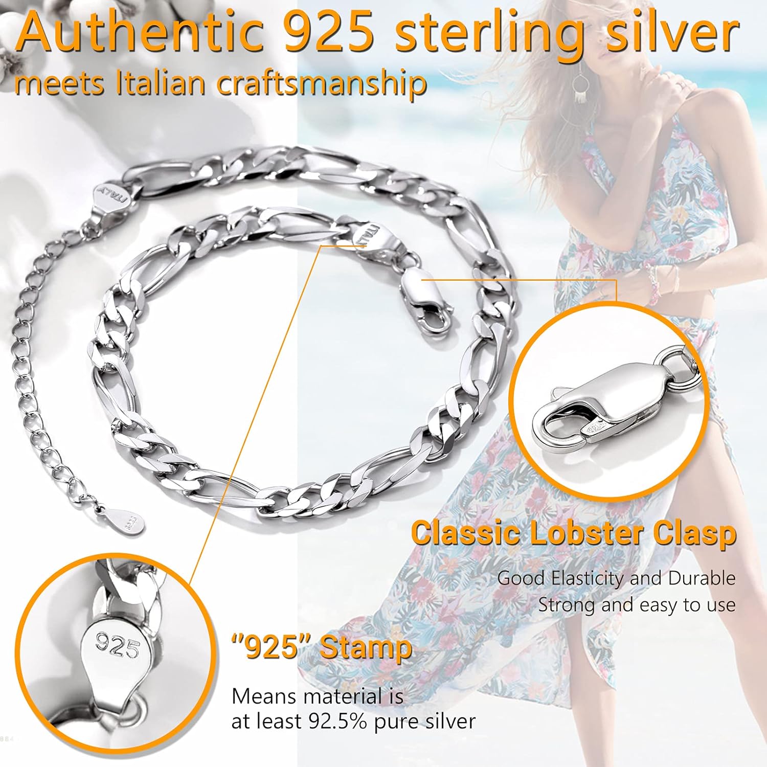 PROSILVER 925 Sterling Silver Ankle Bracelets For Women, Stylish Chain Anklets, Summer Beach Jewelry, 8.6-10.6 Inch Adjustable, Come with Box