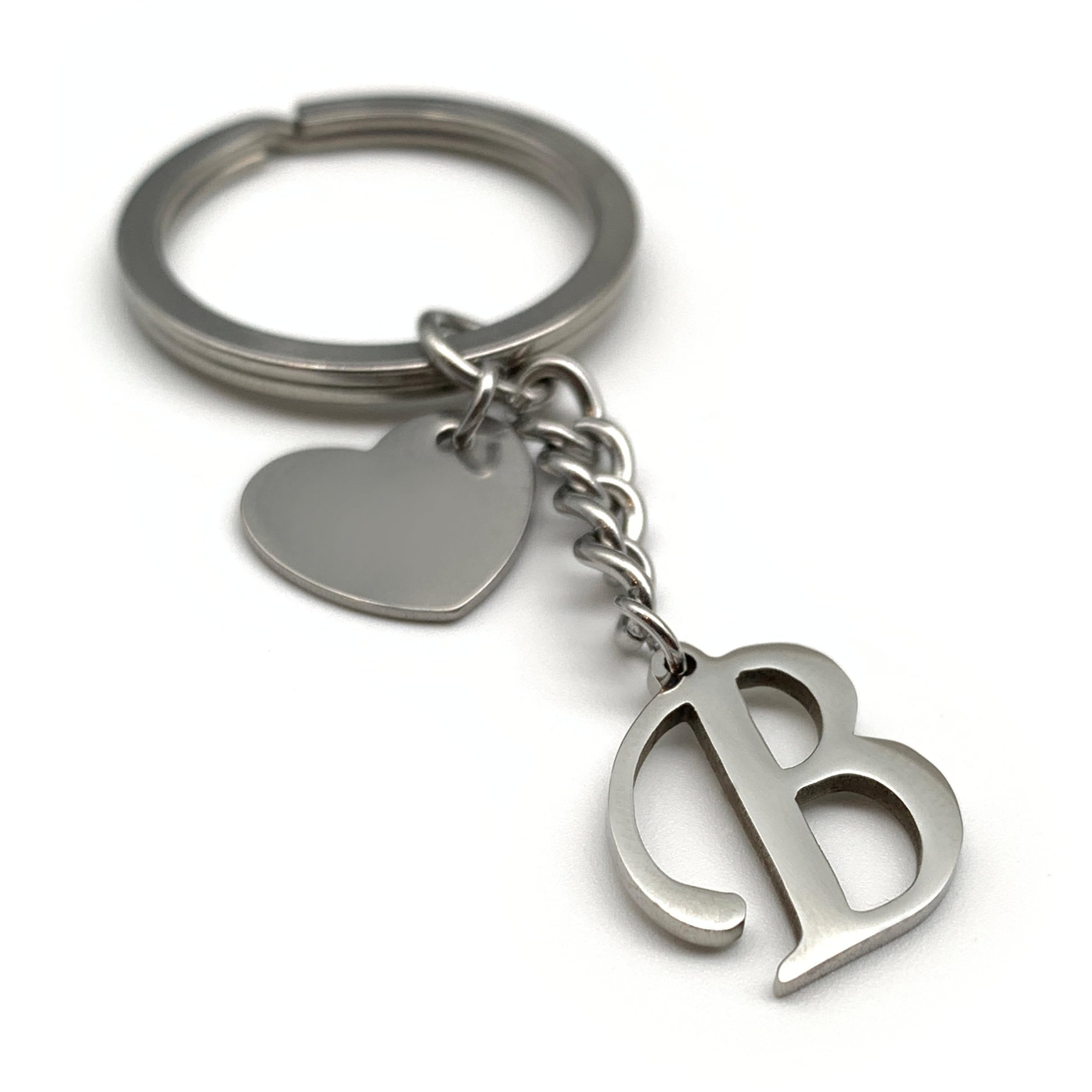 EVEMATE Keyring Letter with Heart - Initial A-Z Pendant Keychain - Handmade Stainless Steel - Name Gift Car Friend Partner (B)