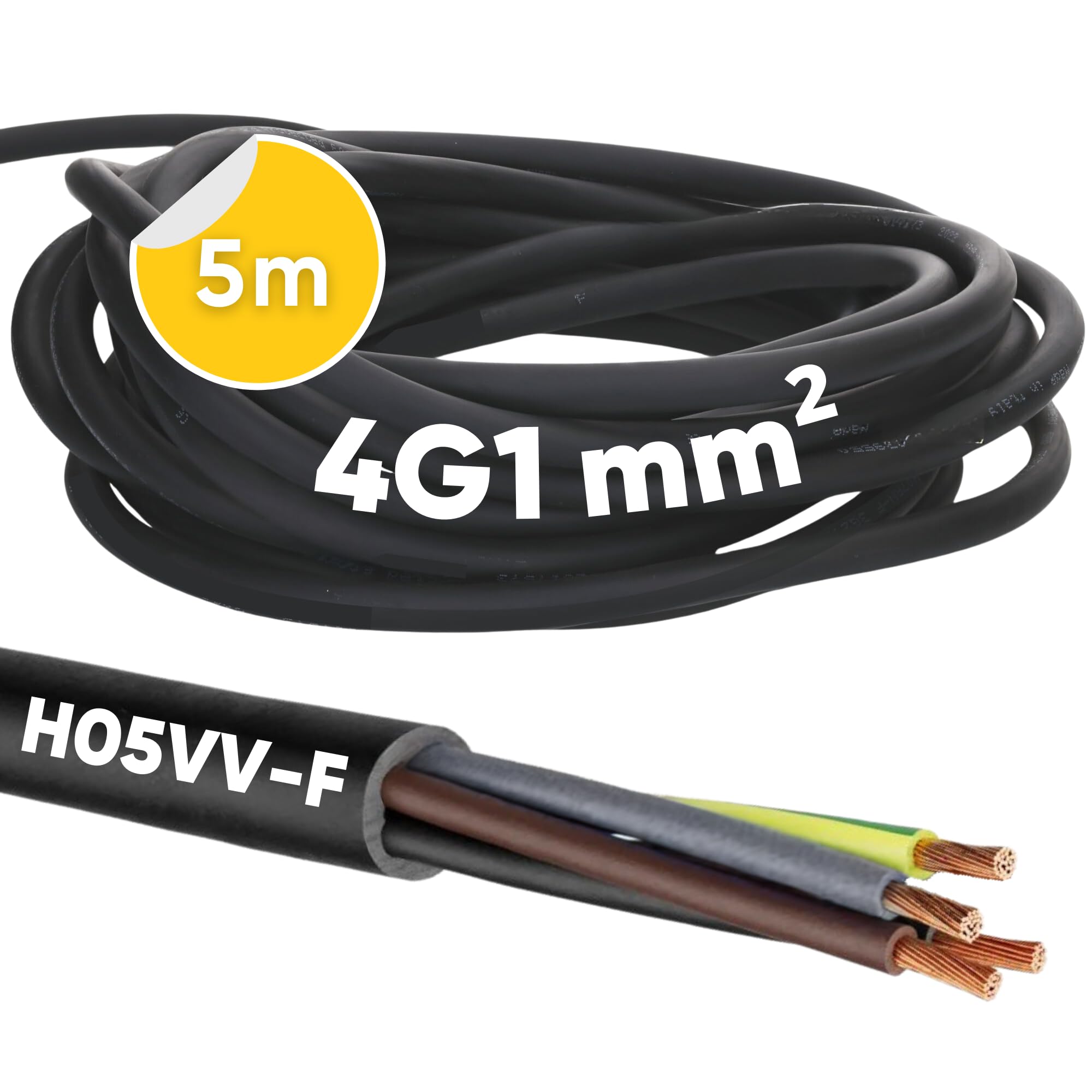 5 Meter Kalitec H05VV-F Schlauchleitung 4x1 mm² I Stromkabel 4G1 mm2 mit Schutzleiter I PVC Kabel für Innenbereich I Elektrokabel schwarz I Lampenkabel flexibel I Gerätekabel 4 adrig | PVC Elektrokabel 4-adrig mit Schutzleiter für Innenbereich - Flexibles