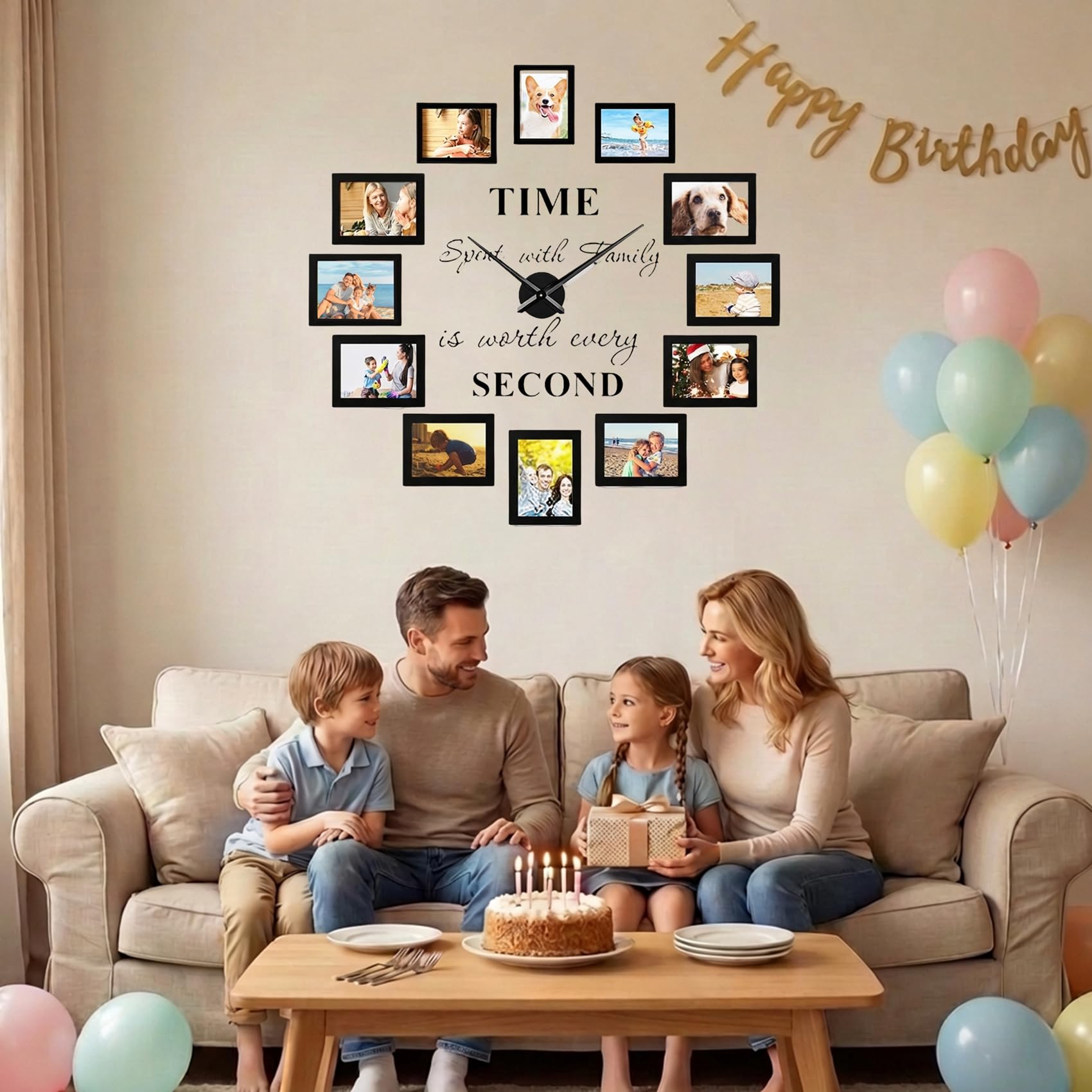 Luming DIY Wanduhr Groß Mit Bilderrahmen Collage - Modern Wohnzimmer Uhr Wand - 12 Stücke 10x15 Schwarz - Fotorahmen Set für Mehrere Fotos - Wall Clock Schwarz
