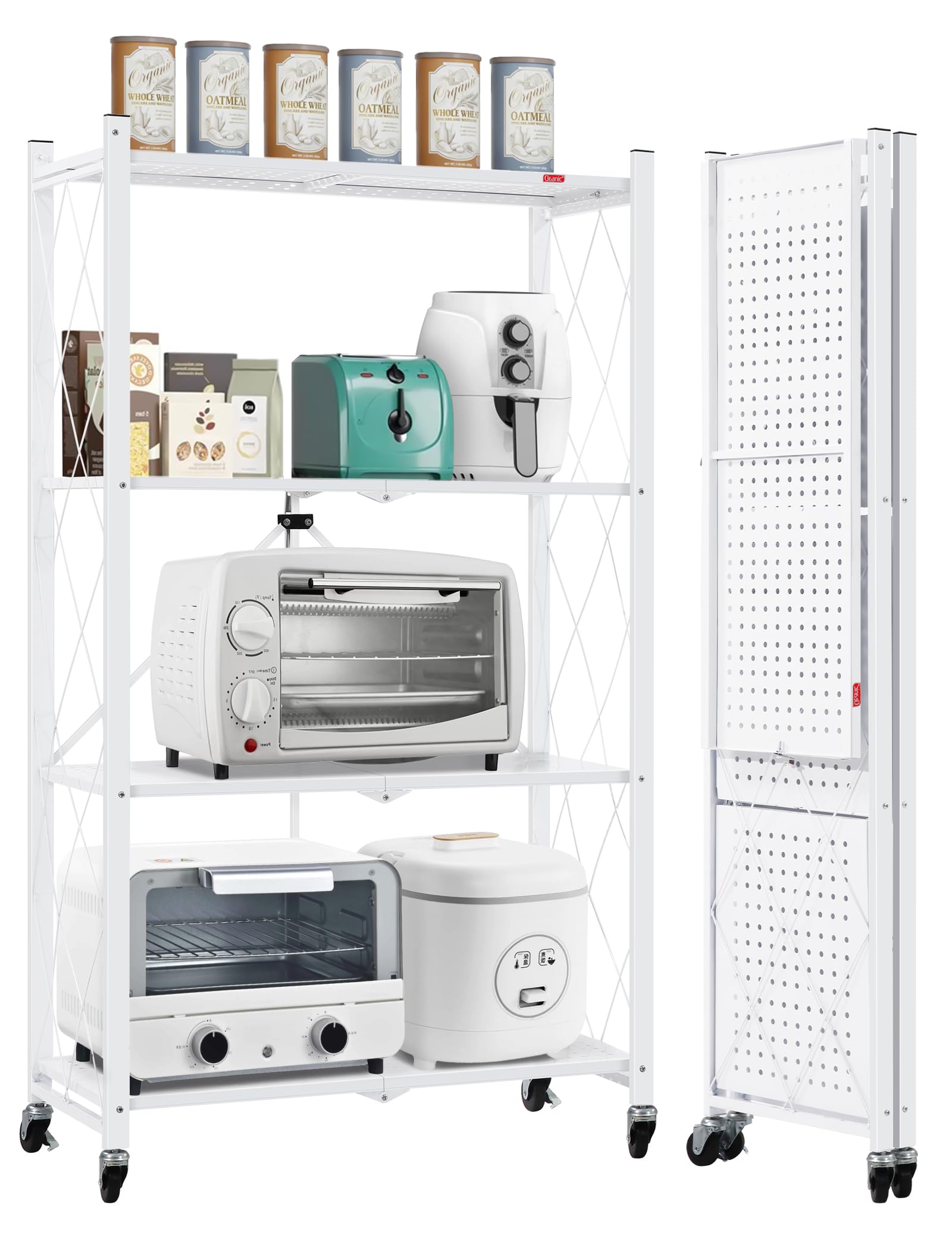 DEANIC Estanterias Almacenaje Plegable Metalica, Sin Necesidad de Instalación Estante Cocina & Soporte Microondas Carrito Auxiliar con Ruedas Peso Máximo de 108 kg,Blanco, 71x 34 x 127 cm