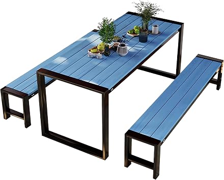 Garden Table Set Veranda Tate Rain Resistant Sunproof Garden Table Set Stylish Simple Outdoor Dining Table and Bench Set of 3 Adjustable Foot Pads Easy Assembly Outdoor Table Set Natural