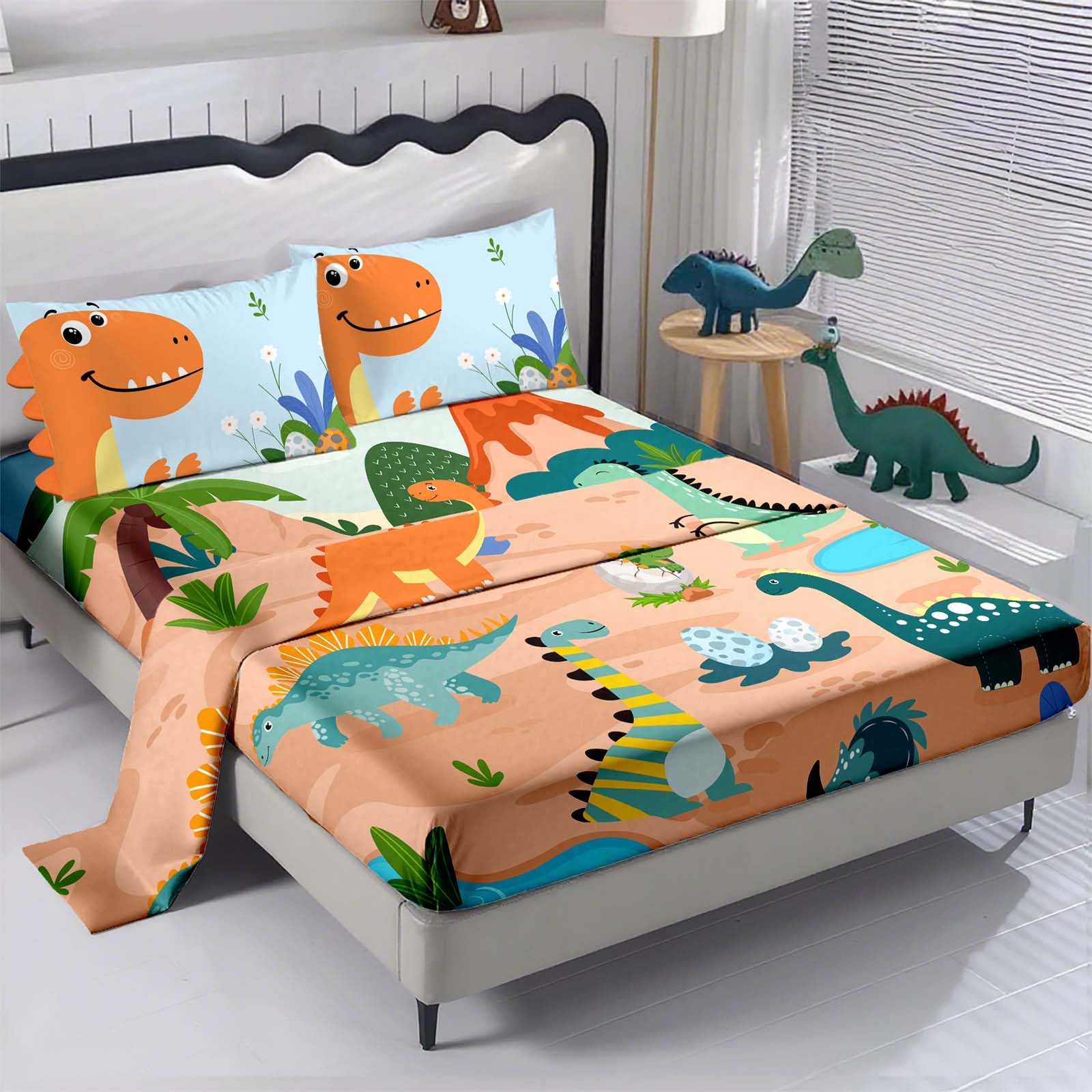 3D Cartoon Dinosaurs Kids Queen Sheets 4Pcs Dinosaurs Bed Sheets 3D Dinasour Pillowcases Decoration Bedroom Bedding Set Queen
