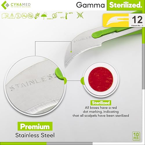 Vista 10 de Cynamed - Bisturí desechable con asas graduadas, cuchillas de acero inoxidable quirúrgico, estéril, bolsas fáciles de quitar (caja de 10), ideal