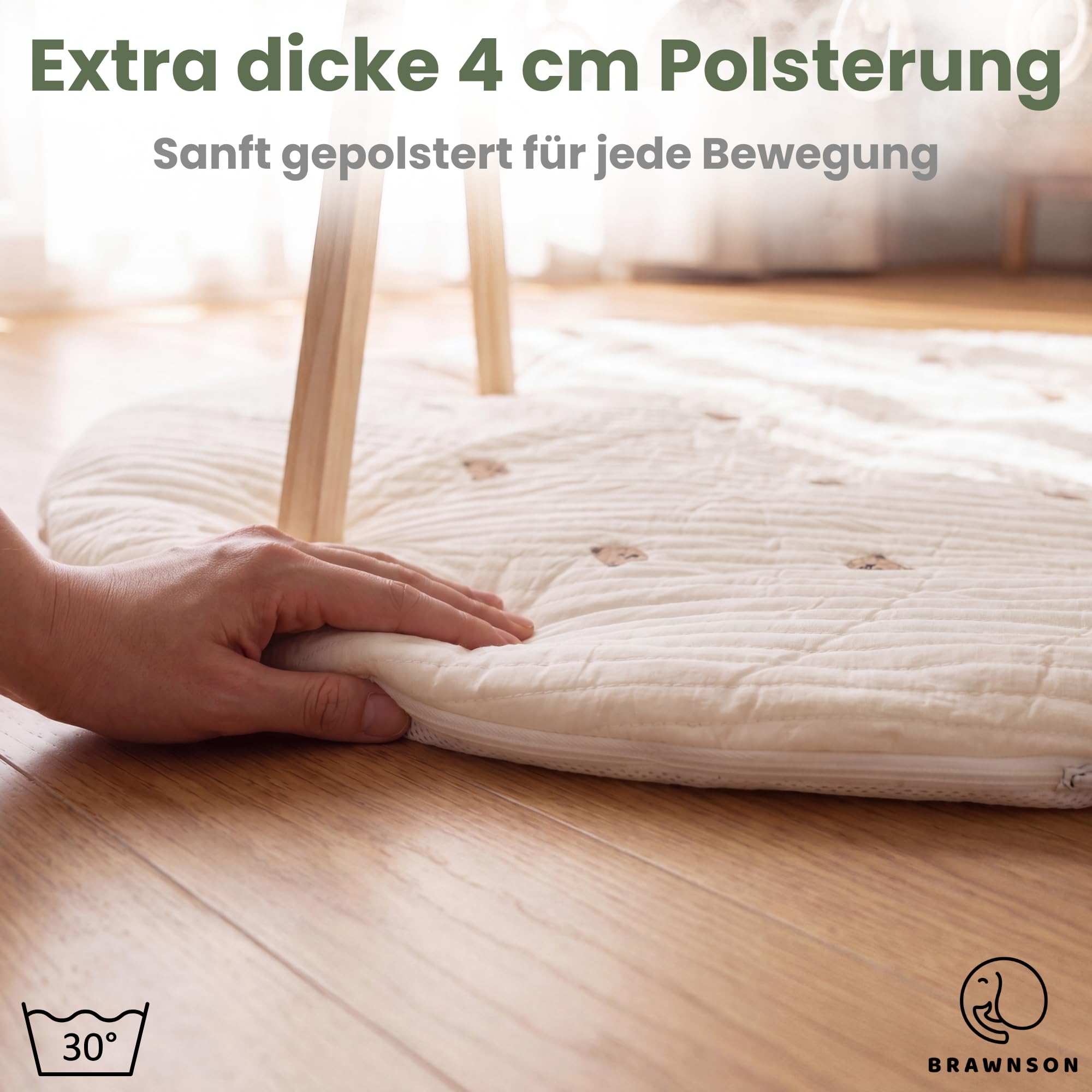 Baby Spielbogen Holz mit Krabbelmatte und zusätzlichem Bezug – Montessori Babygym aus Naturholz, extra dicke waschbare Krabbelmatte für Neugeborene ab 0 Monaten