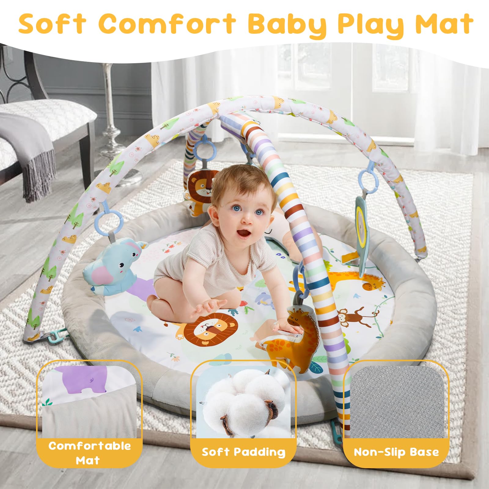 Baby Play Mat, Baby Gym Play Mat for Newborn with Hanging Toys Tummy Time Pillow and Comfy Baby Mats for Floor Play Playmats & Floor Gyms Baby Toys, Baby Activity Gym for 0-36 Months Infants Newborn
