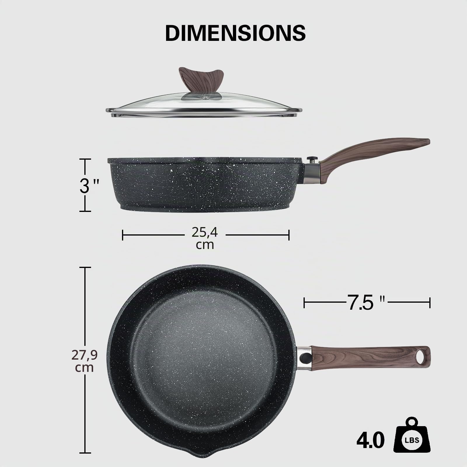 Kordisen Poêle à Frire Profonde 28 cm avec Couvercle, Poignée Amovible, Revêtement en Pierre de Granit Antiadhésive pour la Cuisson, Batterie de Cuisine à Induction, Sans PFOA