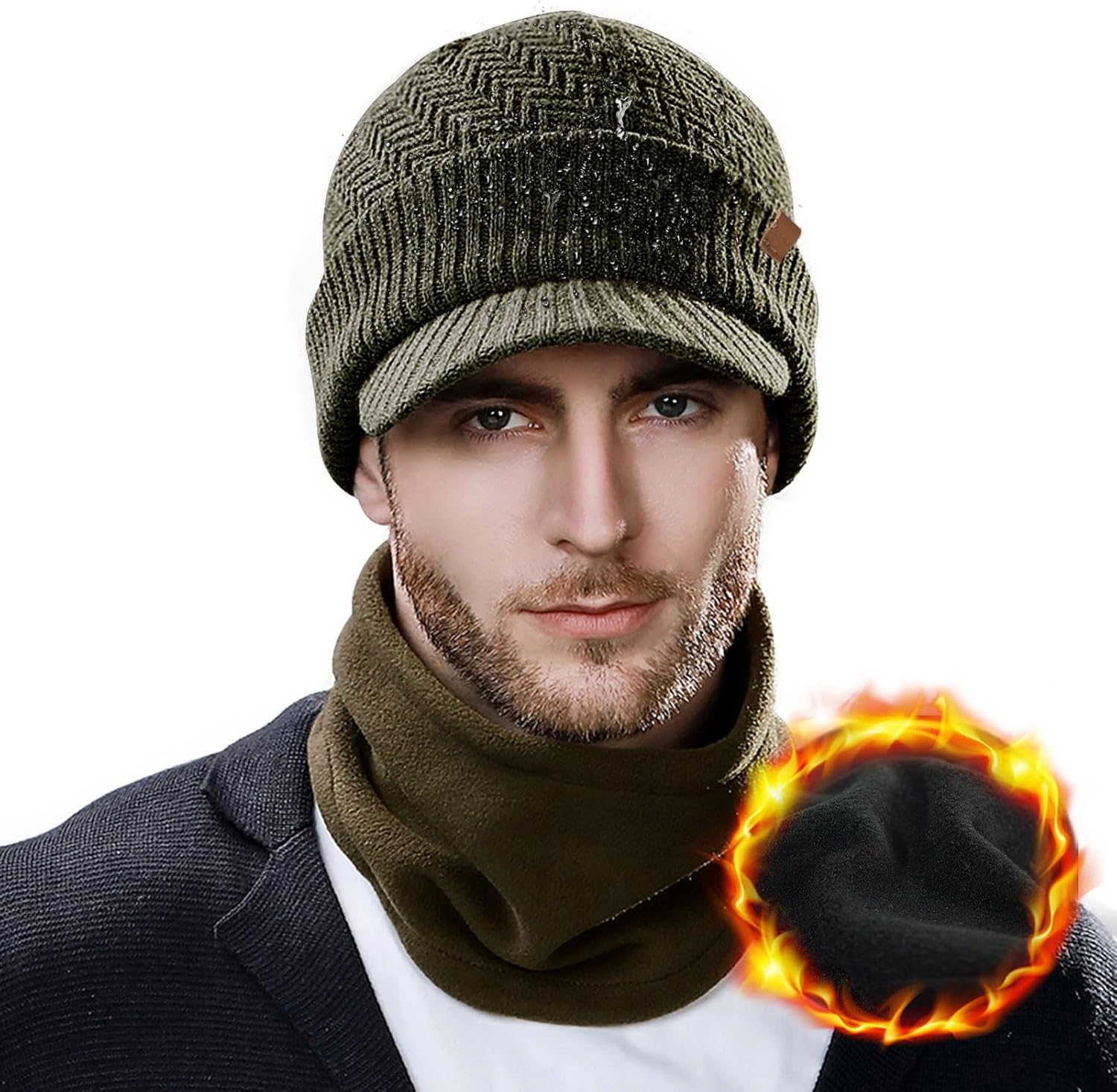 TOP-EX XL/XXL 50% Merino Wool Waterproof Visor Beanie All Weather Hat Fleece Lined with Circle Scarf Set