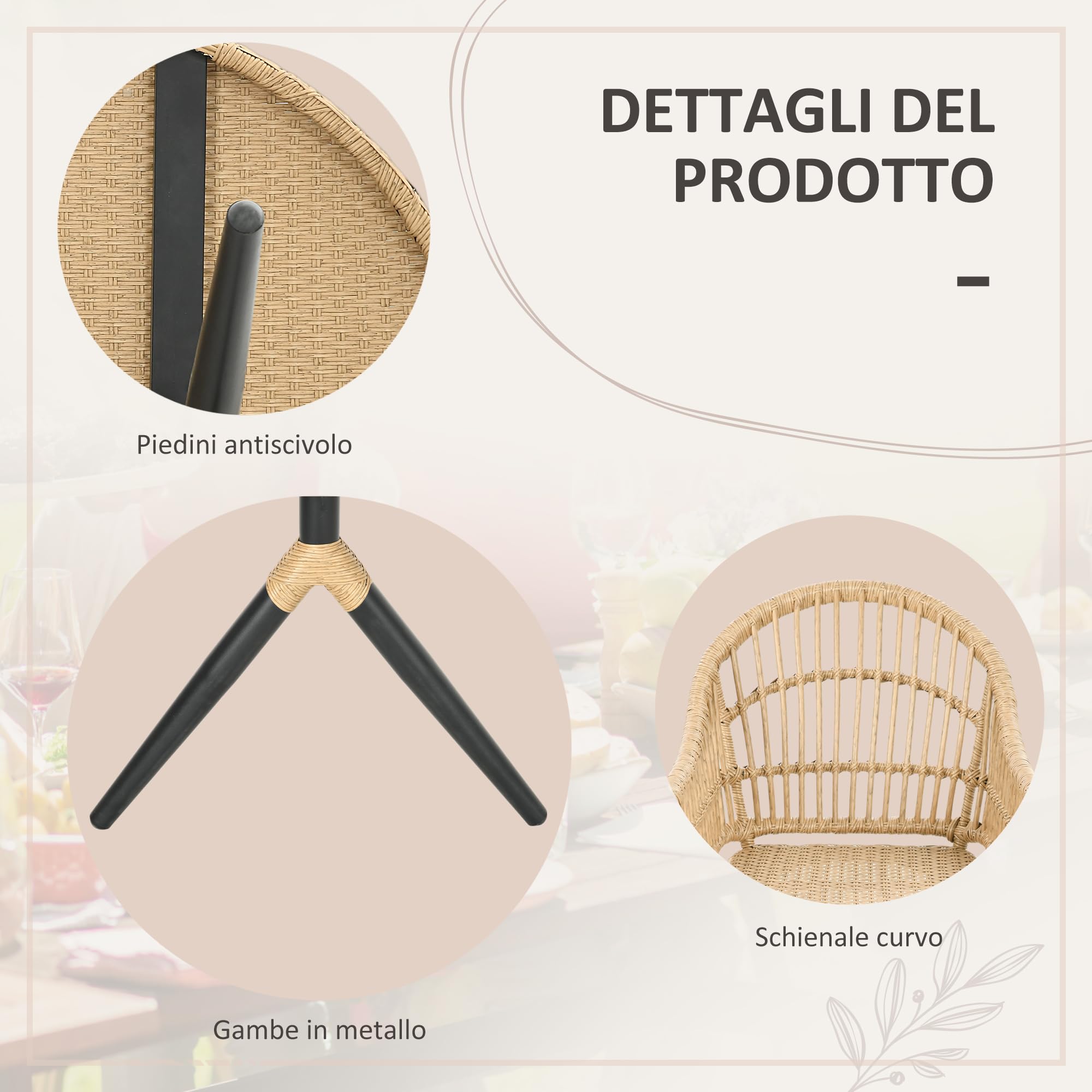 Outsunny Set da Giardino 7 Pezzi in Rattan PE, Set da Esterno con Tavolo da Pranzo e 6 Sedie con Cuscini, Beige, Nero e color Legno