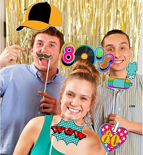 Miniatura 2 de LUOEM 21 piezas de accesorios para cabina de fotos de los años 80, divertidos accesorios de fotos para fiesta de cumpleaños con palos de madera,